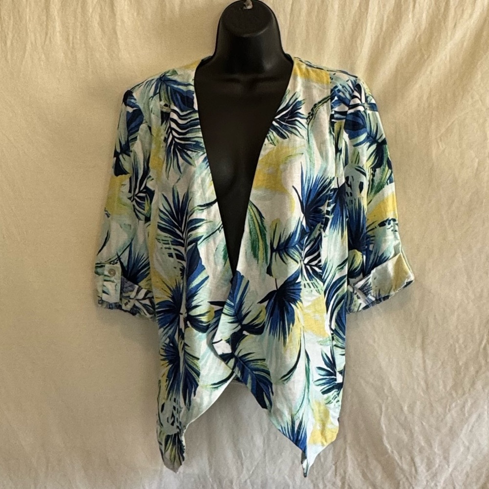 B-41 Chico’s White Blue & Green Tropical 100% Linen‎ Open Blazer Suit Jacket